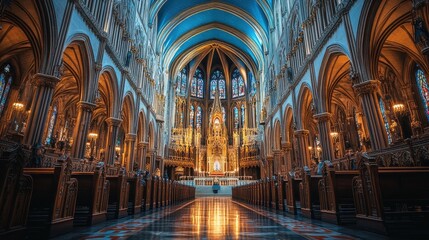 Fototapeta premium Grand interior of a historic cathedral with stained glass and candlelight illuminating the space