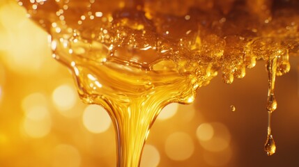 Macro Shot of Dripping Golden Honey from a Natural Honeycomb Showcasing Its Rich Texture and Sweetness