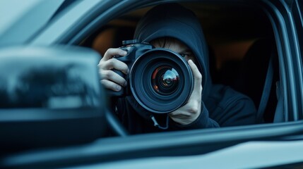Fototapeta premium Man in Black Hoodie Stepping into Vehicle While Holding a Camera in a Candid Street Scenario