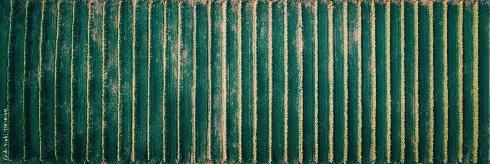 Poster Perfectly aligned green crop rows create a striking minimalist pattern in soft light under a clear sky Generative AI