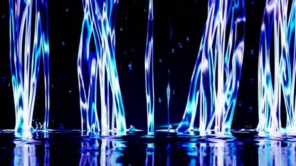 Abstract video of glowing blue and white light trails reflecting on water, captured from a low angle, creating a futuristic and dynamic style. Live desktop wallpaper.