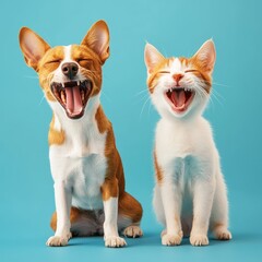 Fototapeta premium Happy Dog and Cat Smiling Together Against a Blue Background