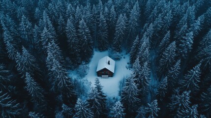 Secluded cabin retreat surrounded by a serene wintry forest in the mountains