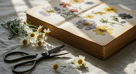 Pressing Flowers in an Old Book with Scissors and Daisies