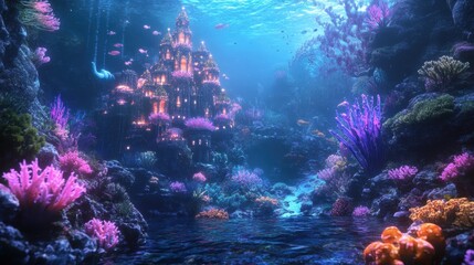 Obraz premium Underwater city with vibrant corals and aquatic life thrives in a deep ocean setting during daylight