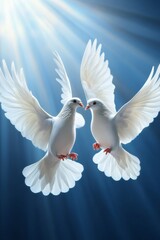 Obraz premium White birds fly across a cloudy sky, illuminated by the sun in the background