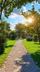 Obraz premium A tree-flanked road extending across an empty park