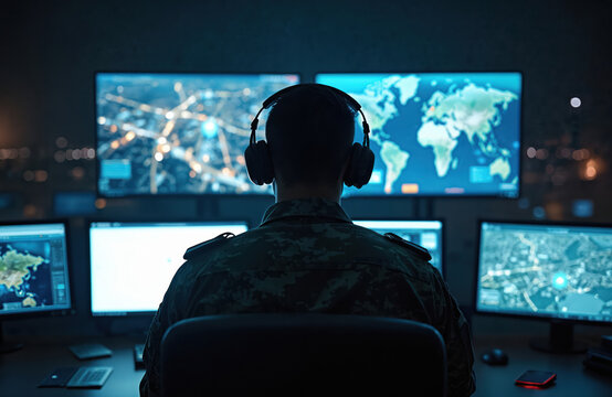 Military surveillance officer monitors city operations for cyber control, national security. Man wearing headphones, analyzing data, intelligence reports on computer screens. Cybersecurity, defense,