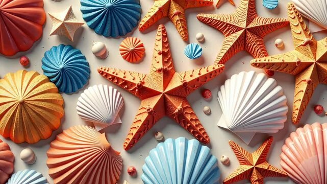 A collection of colorful seashells and starfish. The seashells are orange, blue, and white, and the starfish are blue and orange