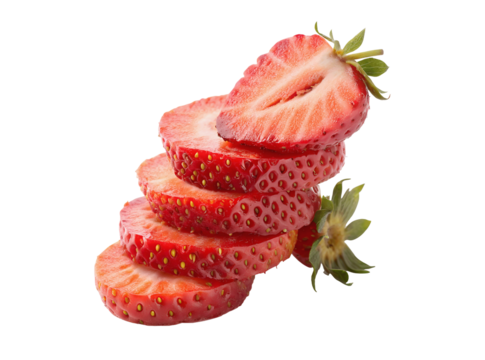 Stack of fresh sliced strawberries isolated on white background, PNG cutout, high-quality transparent image for food designs and editing