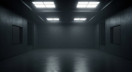 Empty dark concrete corridor with accent lighting.