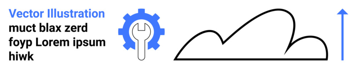 Gear and wrench symbolizing tools, cloud outline for digital space, upward arrow for growth. Ideal for technology, innovation, cloud computing, progress, development, business simple landing page