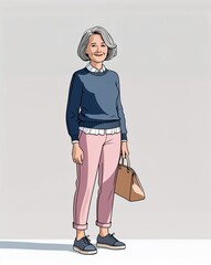 Middle aged woman short gray hair in navy sweater and beige pants kind smile on plain white background minimalist clean cartoon style illustration shoes