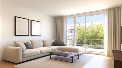 Modern living room with a cozy sofa, large windows, and greenery outside, ideal for relaxation