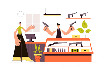 Gun Accessories Shop Vector Illustration featuring a Rifle, Bullets, Weapons, and Hunting Equipment in a Flat Style Cartoon Background