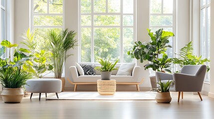 Fototapeta premium A modern living room featuring several indoor plants and furniture