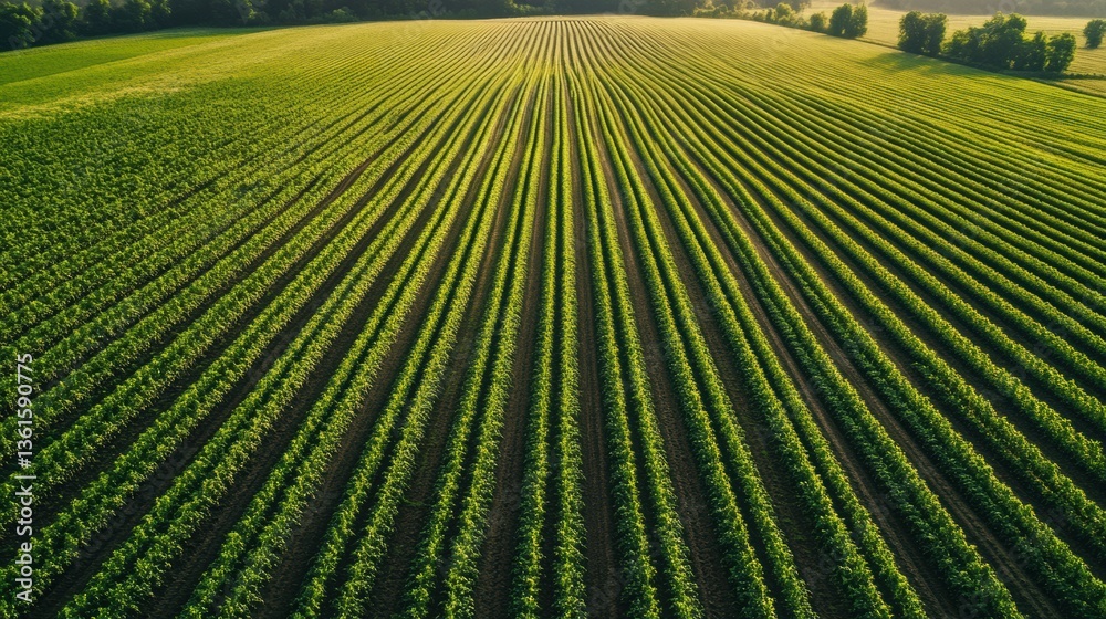 Poster perfectly aligned green crop rows extend into the horizon under soft lighting and a natural color pa