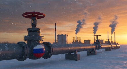 The concept of Russian gas exports. A vast pipeline stretches across a snowy landscape, transporting natural gas, with a massive valve in the foreground featuring the Russian flag.