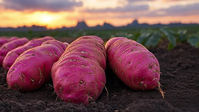 Vibrant sweet potatoes bask in warm sunset glow, resting in rich soil, celebrating beauty of agriculture and joy of harvest.