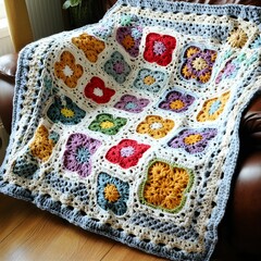 Colorful handmade crochet blanket with floral granny squares and soft yarn texture on an armchair