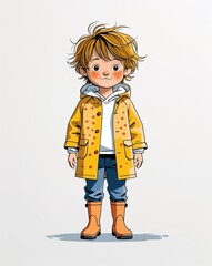Young boy messy brown hair in yellow raincoat and rubber boots curious eyes on plain white background minimalist clean cartoon style illustration shoes