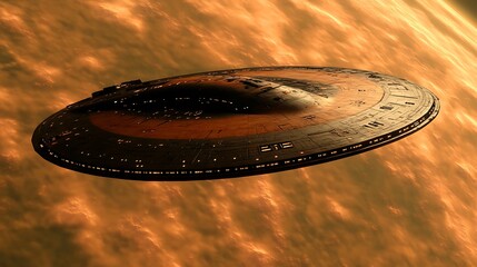 Futuristic spaceship hovering above a fiery planet.