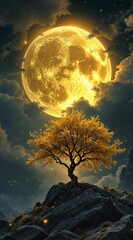 Fantasy landscape with big full moon and tree. 3D illustration