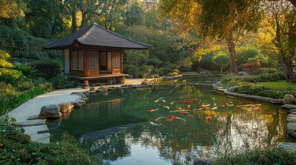Peaceful garden design featuring gravel, rocks, and a koi pond surrounded by greenery in a serene outdoor space