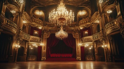 Obraz premium Spectacular interior of a grand theater showcasing ornate architecture and luxurious seating arrangement with chandelier lighting