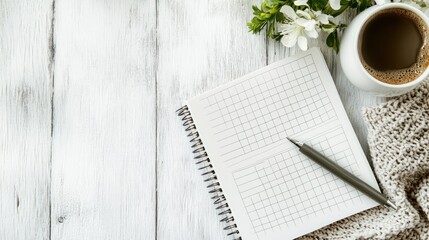 Notebook, coffee, flowers on a white wooden table.  Possible use  A warm and inviting workspace concept