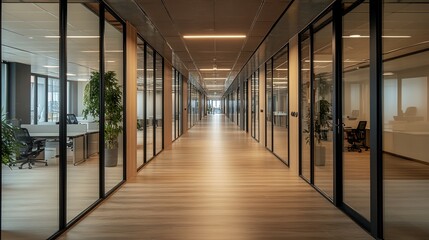 Long corridor in modern office area, well-lit hallway with soft ambient lighting and contemporary design