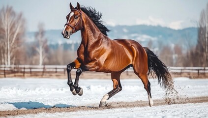 In the desert, a brown horse races, set against a backdrop of towering mountains