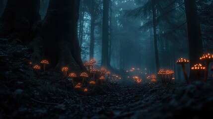 Enchanted forest path illuminated by glowing mushrooms at twilight