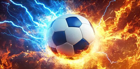 Naklejka premium soccer ball surrounded by electric and fiery energy