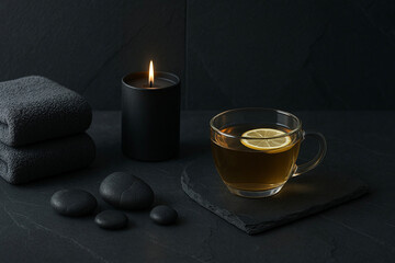 モノトーンの癒し空間 &mdash; レモンティーとブラックキャンドル、タオルとホットストーンの静寂なスパシーン
