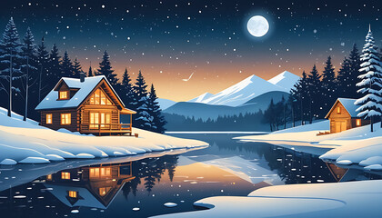 Naklejka premium vector Illustration of a winter landscape night with snawfall and glowing light