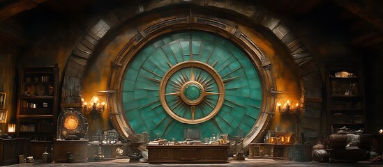 Obraz premium Steampunk Laboratory Interior with Large Circular Window and Antique Details