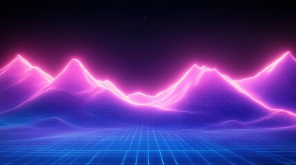 A vibrant digital landscape featuring glowing pink mountains and a grid floor, evoking a retro-futuristic aesthetic.