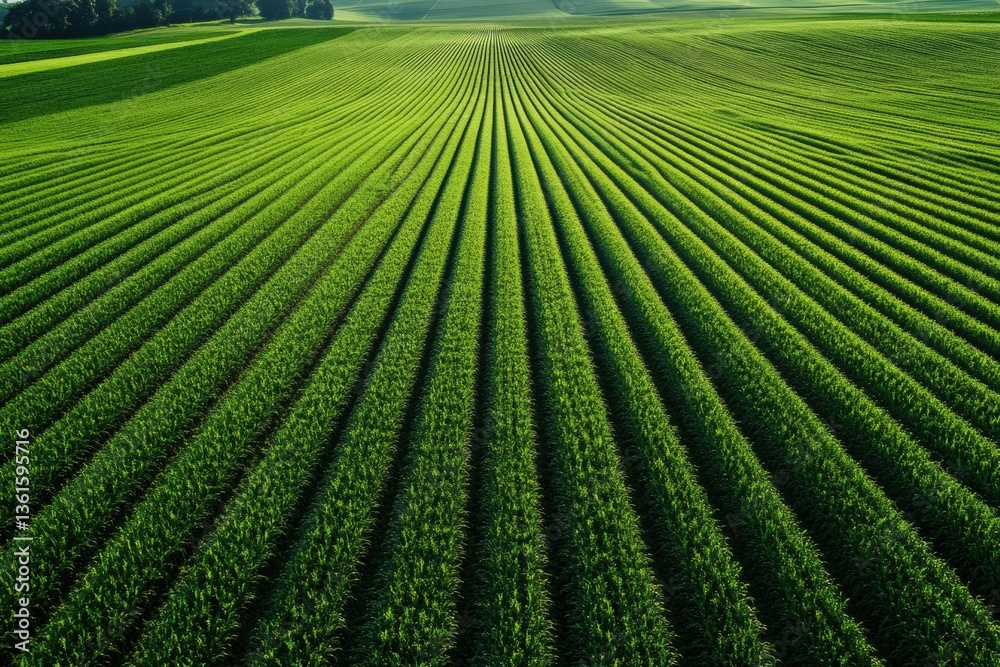 Poster Endless green crop rows create a serene landscape under soft lighting in a minimalist aerial view Generative AI
