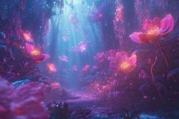 A mystical forest giant, neon-colored blossoms