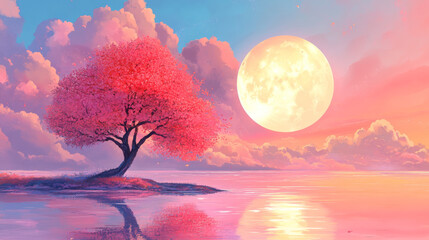 vibrant peach tree by water with large moon