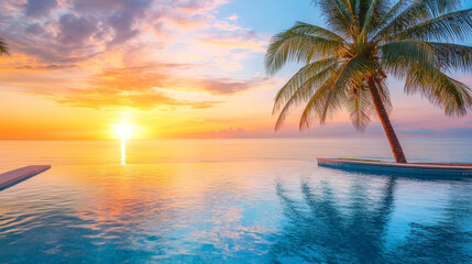 Tropical beach sunset with palm tree reflection