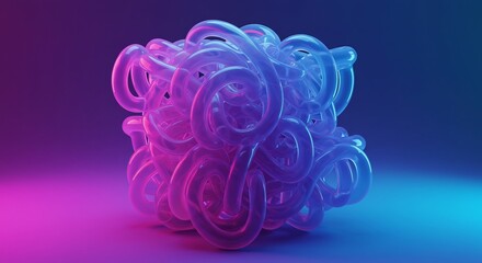 青紫のネオン光、幾何学模様の立体が美しく輝く