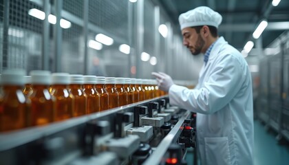 Quality control scientist inspects medical bottles pharmaceutical production line. Worker in sterile lab coat, hat checks medication containers for medicine factory.