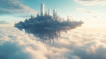 Naklejka premium Mysterious city rises above clouds during golden hour with towering skyscrapers and soft sunlight illuminating the skyline