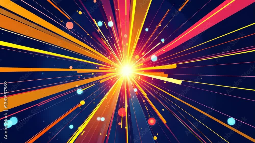 Poster a bright light with many colorful dots. the light is orange and blue. the dots are in different colo