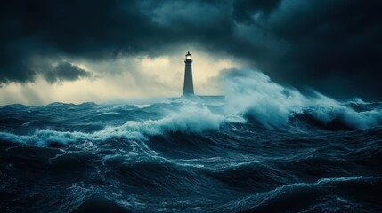Stormy waves crash against a lighthouse during a dramatic weather event at sea