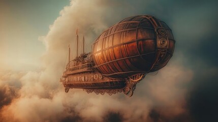Obraz premium Steampunk airship gliding through vibrant clouds during a sunny day in a fantastical sky