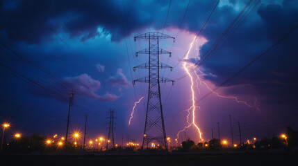 Lightning strikes high voltage tower at night