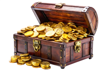 treasure chest with gold coins isolated on transparent white background PNG. GENERATIVE AI